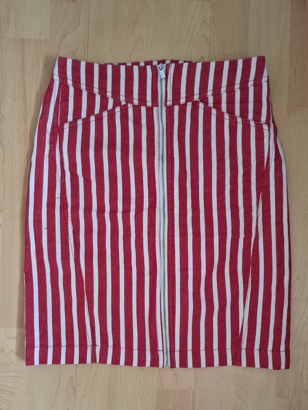 Mango Red & White Stripe Zip-Front Denim Pencil Skirt Size XS